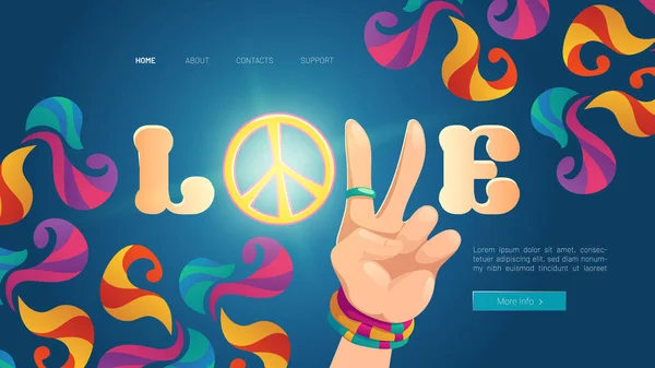 Amor desenho animado pouso com hippie mão mostrar paz — Vetor de Stock