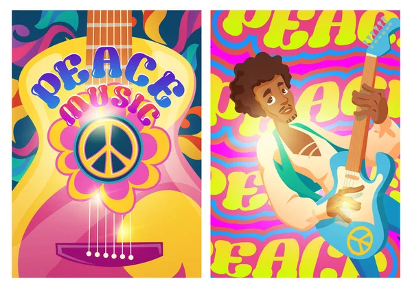 Cartazes de música de paz com sinal hippie e guitarra —  Vetores de Stock