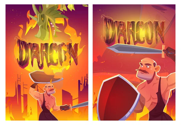 Dragon aanval ridder cartoon posters, magisch spel — Stockvector