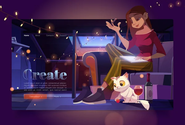 Banner with woman artist on attic at night — Stock Vector