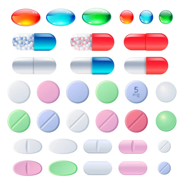 Pastillas, tabletas y medicamentos, set de cápsulas — Vector de stock