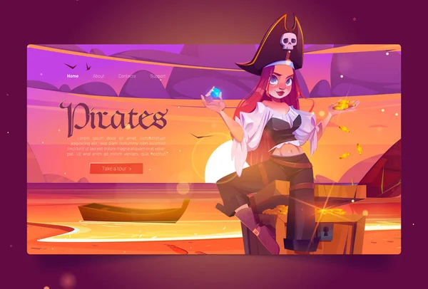 Pirates banner with girl captain and treasure — Stock Vector