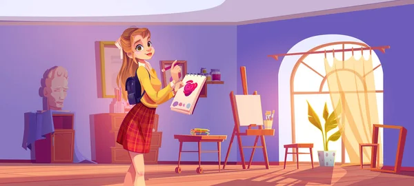 Bannière de dessin animé de l'école d'art. Artiste fille à chevalet — Image vectorielle