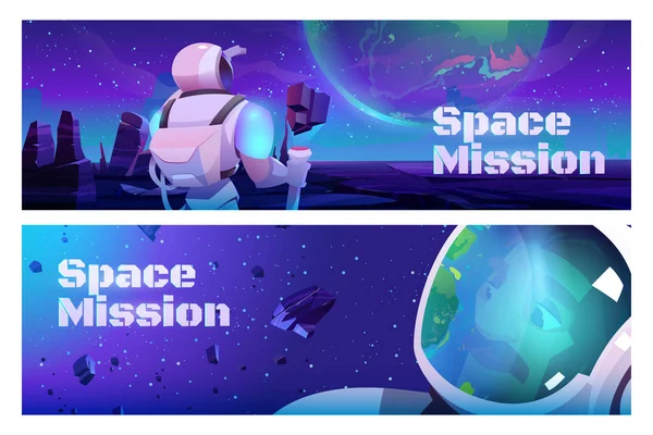 Space missions banner with astronaut on planet — Stock Vector