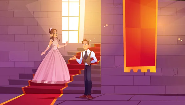 Prince invite princess for dance in castle hall — Stock Vector