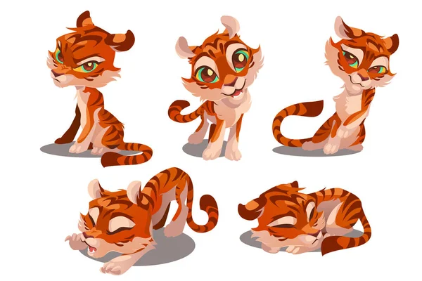 Lindo bebé tigre personaje con diferentes emociones — Vector de stock