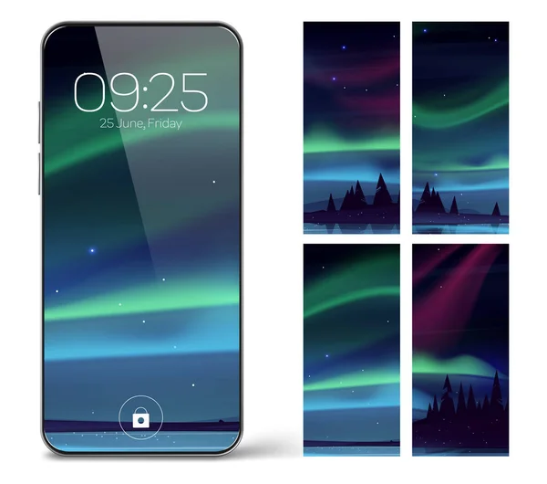 Ecran de verrouillage Smartphone avec aurore boréale — Image vectorielle