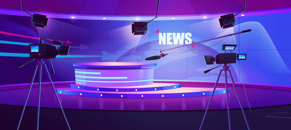 Tv estudio de noticias, televisión sala de difusión interior — Vector de stock