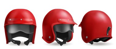 Red motorcycle helmet with glasses, biker headwear