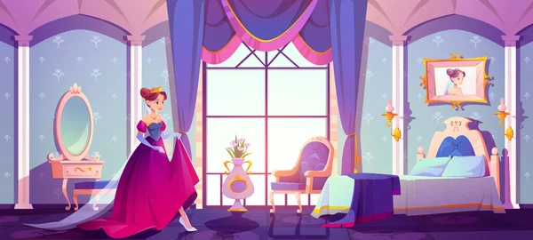 Prinzessin in ihrem königlichen Schlafzimmer, hübsche junge Frau — Stockvektor