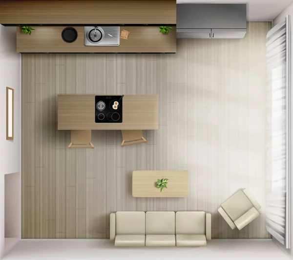 Studio rum interiör med kök ovanifrån, 3d — Stock vektor