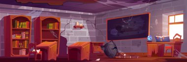 Abandoned magic school, empty classroom interior