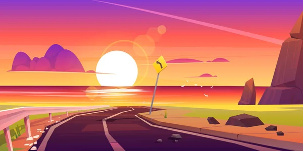 Δρόμος προς την παραλία ηλιοβασίλεμα τοπίο, ασφαλτοστρωμένος δρόμος — Διανυσματικό Αρχείο