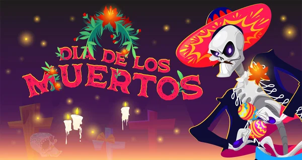 Banner de dibujos animados Dia de los muertos, Día de México — Vector de stock