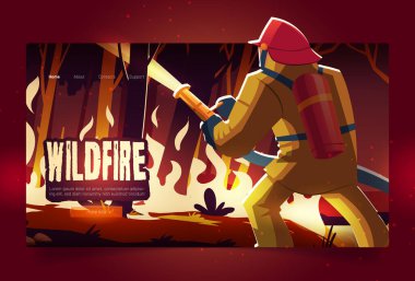 Wildfire landing page, burning forest and fireman