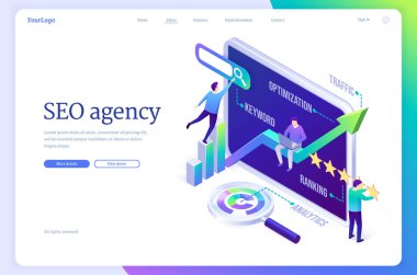 SEO agency isometric landing page, digital content