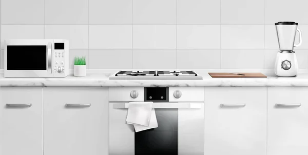 Kitchen counter top with microwave oven, gas stove — ストックベクタ