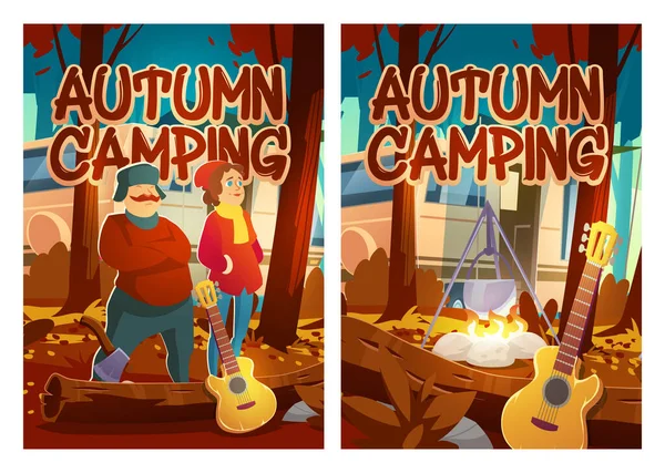 Autumn camping cartoon posters, férias turísticas — Vetor de Stock