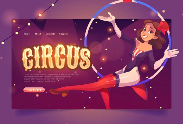 Sitio web del circo con la chica gimnasta aérea en el aro — Vector de stock