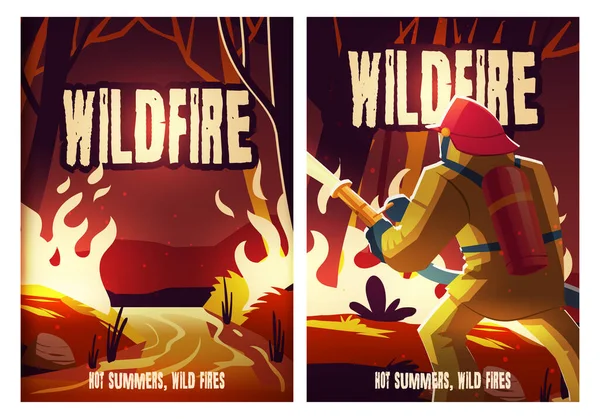 Wildvuur posters met brandend bos en brandweerman — Stockvector