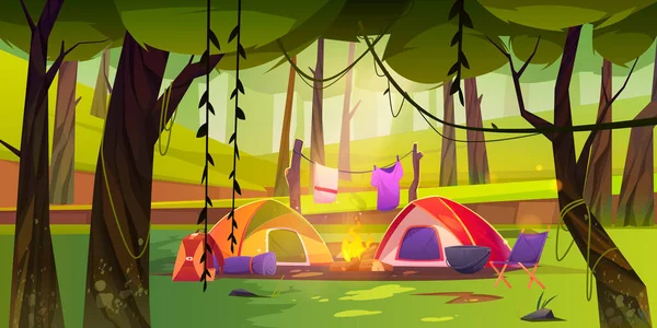 Zomerkamp op bosgebied met tent en kampvuur — Stockvector