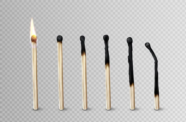 Étapes de la allumette brûlant du feu au bâton brûlé — Image vectorielle