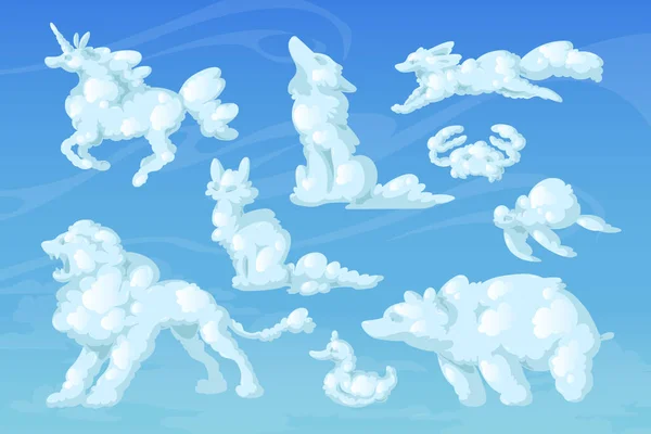 Nuage animaux, dessins animés tourbillons moelleux dans le ciel bleu — Image vectorielle