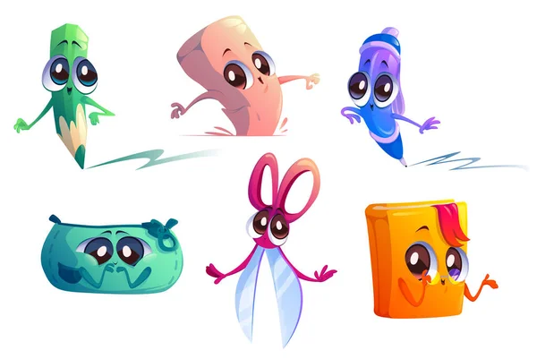 Escuela suministros de dibujos animados personajes vector conjunto — Vector de stock