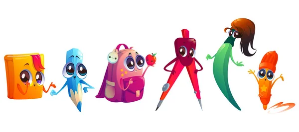 Forniture scolastiche personaggi dei cartoni animati, carine mascotte — Vettoriale Stock