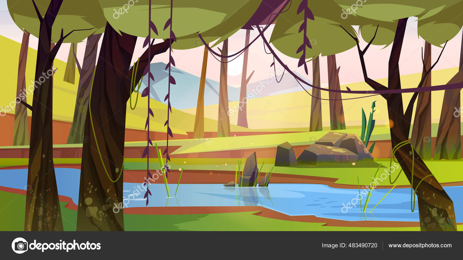 Cartoon forest background with stream flow, wood Stock Vector Image by ©klyaksun #483490720 Cartoon forest background with stream flow, wood Stock Vector Image by ©klyaksun #483490720