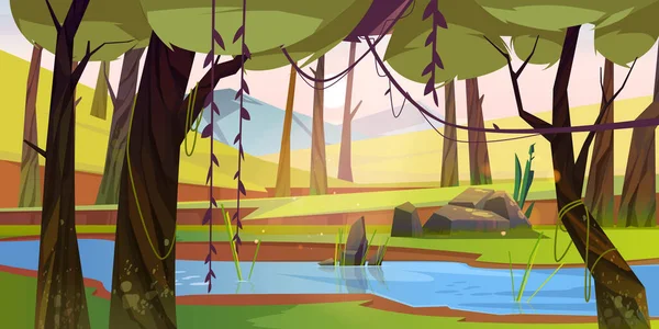 Мультфильм лесной фон с потоком ручья, древесина — стоковый вектор