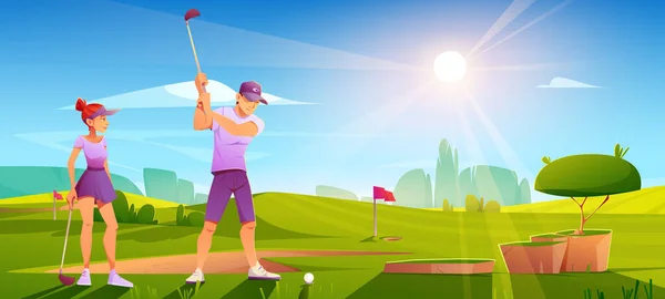 Golfers παίζει γκολφ στο πράσινο πεδίο χτυπώντας μπάλα — Διανυσματικό Αρχείο