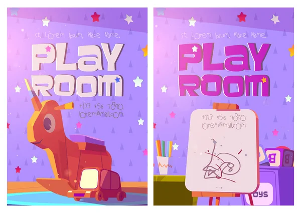 Cartazes de sala de jogos com brinquedos e móveis para crianças — Vetor de Stock