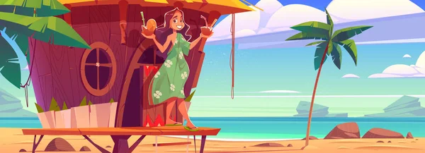 Vrouw met cocktails in tiki hut op hawaii strand — Stockvector