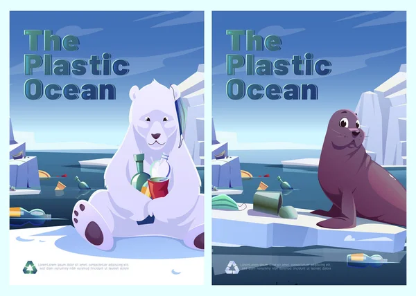 Αφίσες πλαστικού ωκεανού με πολική αρκούδα και σφραγίδα — Διανυσματικό Αρχείο