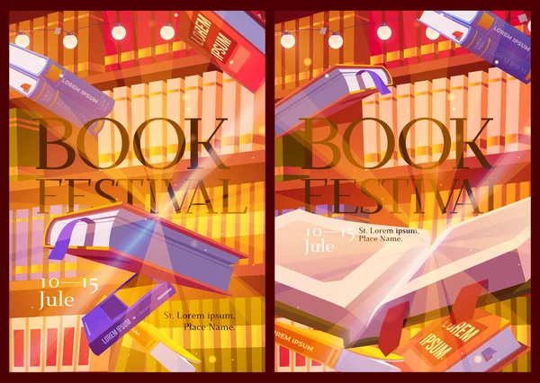 Affiches du festival du livre avec intérieur bibliothèque — Image vectorielle