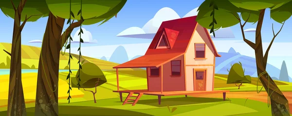 Gårdshus i trä med åkrar och trädgård — Stock vektor