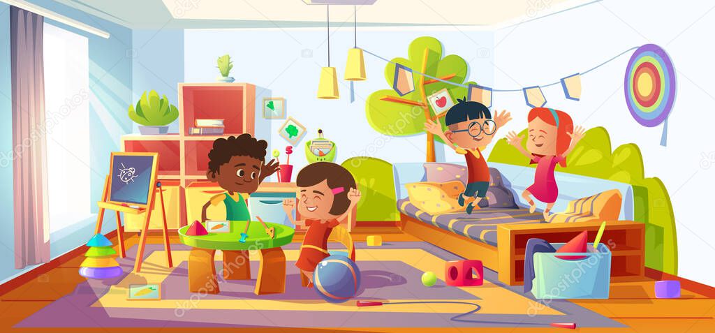 Niños jugando en la habitación, niños en casa o guardería Vector