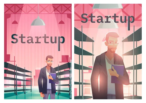 Startup rajzfilm poszter, sikeres üzletember — Stock Vector