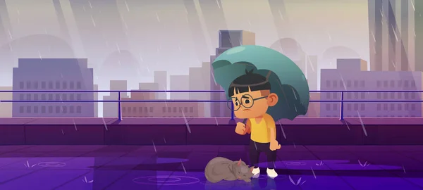 Menino sob guarda-chuva com gato sem-teto na chuva de outono — Vetor de Stock