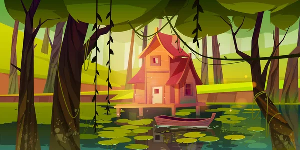 Casa de inclinação no pântano da floresta com barco de madeira. —  Vetores de Stock
