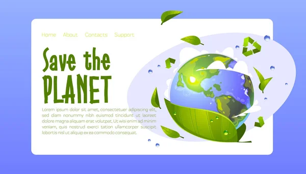 Зберегти планету мультиплікаційна посадка, екологічне збереження — стоковий вектор