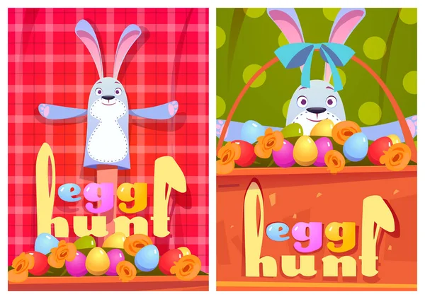 Αφίσες κινουμένων σχεδίων κυνήγι αυγών με κουνέλια και αυγά — Διανυσματικό Αρχείο