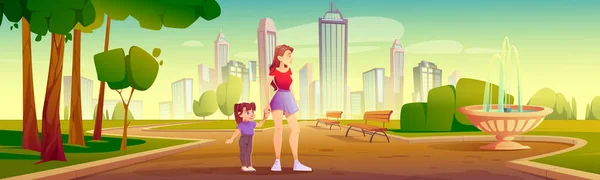 Madre e hija caminan en el parque de la ciudad. — Vector de stock