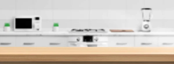 Holzarbeitsplatte auf Küche verschwimmt Hintergrund — Stockvektor