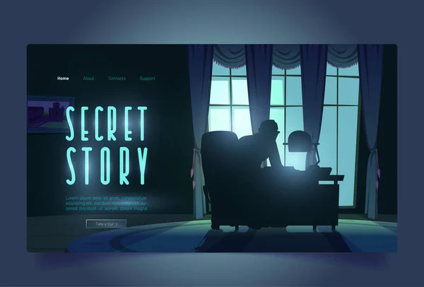 Geheime Story Tour Banner mit Spion im Nachtbüro — Stockvektor