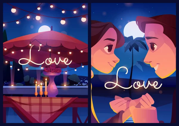 Summer love cartoon posters, couple outdoor dating — Stock Vector