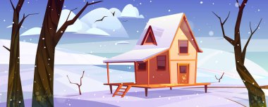 Wooden house in mountains at winter