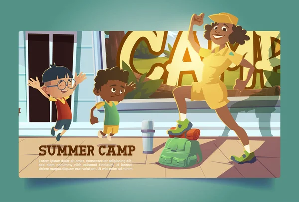 Cartaz de acampamento de verão com pessoas que vão caminhar — Vetor de Stock