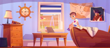 Korsan tarzı yatak odalı çocuk. Gemi yatağında küçük çocuk.